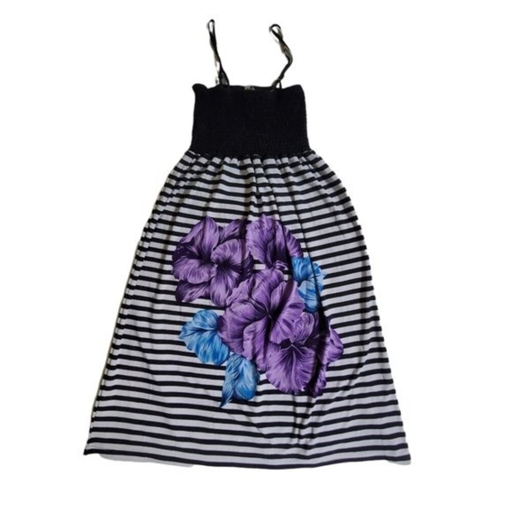 Cristina Love black white purple blue striped floral print dress sz S